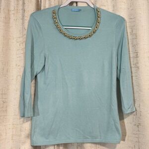 J.McLaughlin Knit Top Women's Medium Blue Gold Chain Neck 3/4 Sleeve Sweater